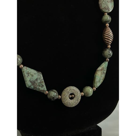 Handmade Green Turquoise and Silver 30in Beaded Necklace, Optionally Adjustable - Picture 2 of 7